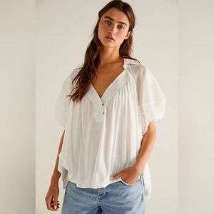 Free People White Linen Blend Flutter Sleeve Button Front Blouse xs babydoll